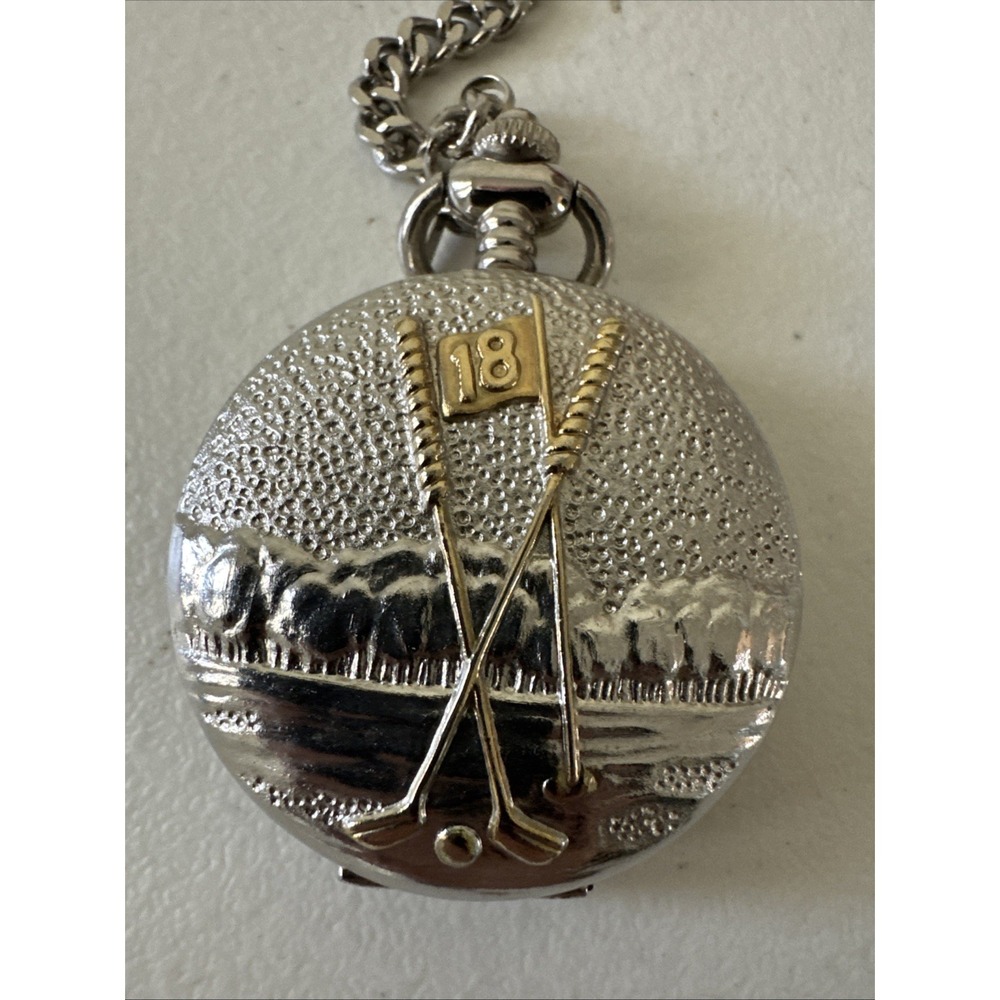 Vintage Silver Golf Theme Pocket Watch With Gold Golf Clubs Number 18 On Flag
